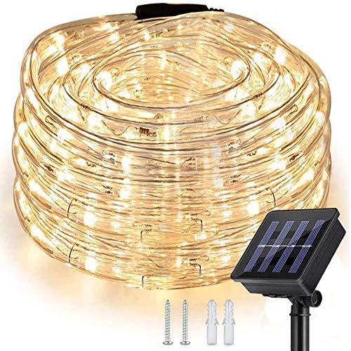 Nurkoo Solar Lichterschlauch 10m 100er LED Lichter mit 8 Modi Innen und Außen Lichterkette Lauflichter für Saal, Garten, Weihnachten, Hochzeit, Party, Terrasse - Warmweiß von Nurkoo