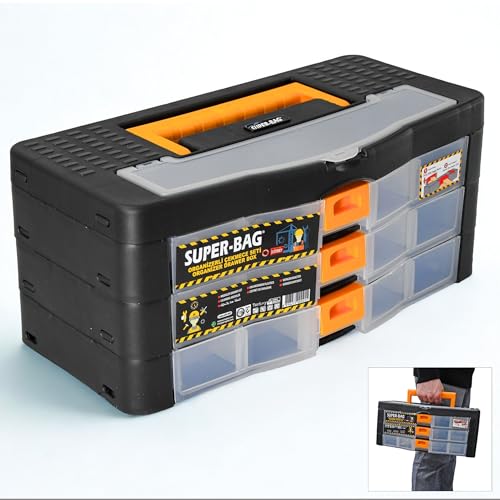 Werkzeugkoffer Kleinteile Organizer 3 Schubladen 390x190x170mm Sortierkasten 16 Innenfächer verstellbar Sortimentskasten stapelbar Werkzeugbox Aufbewahrungsbox Kleinteilemagazin von Nurtextil24