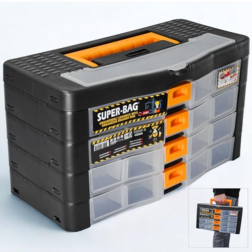 Werkzeugkoffer Kleinteile Organizer 4 Schubladen 390x190x215mm Sortierkasten 21 Innenfächer verstellbar Sortimentskasten stapelbar Werkzeugbox Aufbewahrungsbox Kleinteilemagazin von Nurtextil24