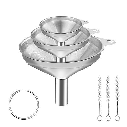 Nutabevr 3 Stück Edelstahl Trichter Set, Stapelbarer Kleiner Trichter Mit Griff, Küche Strainer Trichter mit 3 Reinigungsbürste mit Griff, geeignet zum Umfüllen von Flüssigkeiten und Pulvern von Nutabevr