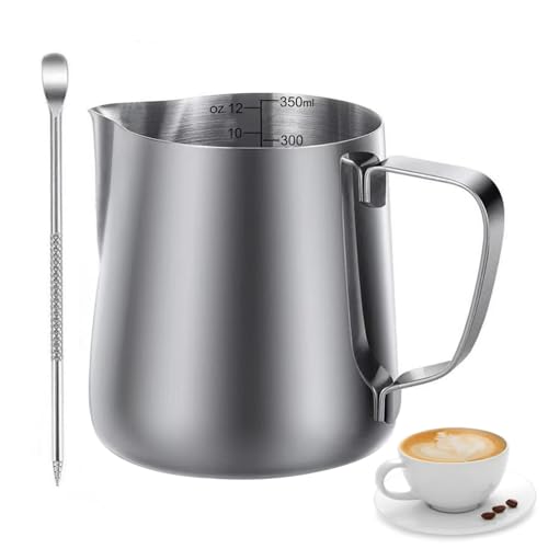 Nutabevr 350ml Milchaufschäumkrug Latte Tasse,304 Edelstahl Handheld Aufschäumkännchen,mit Messung Mark und Latte Art Pen,für Espresso, Milchaufschäumer, Kaffee,Latte Art,Kaffeeliebhabe von Nutabevr