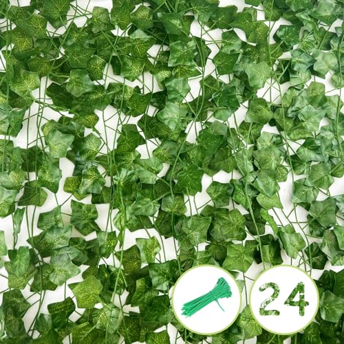 Nutabevr Pack of 24 Ivy Artificial Garland, 2.2m Lang Girlande Gefälschte Pflanzen mit 50 Grün Kabelbinder, Grünpflanzen Deko Wartungsfreie Künstliche für Küche, Hochzeit, Garten, Wanddekoration von Nutabevr