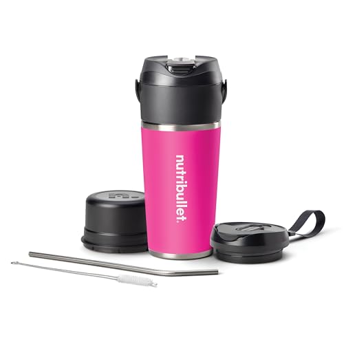 nutribullet Flip NBP016MA, Tragbarer Mixer mit 590ml Isolierbecher, Kühlt für 24 Stunden, Macht Eis Fein, Inklusive Deckel und Strohhalm, USB-C Lade, Edelstahl, Magenta von NutriBullet