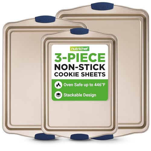 NutriChef 3-teiliges Antihaft-Backblech-Set – Premium-Backbleche aus Karbonstahl mit blauen Silikongriffen – Kleine, mittlere und große Backbleche – PFOS-, PFOA- und PTFE-frei, leicht zu reinigen von Nutrichef