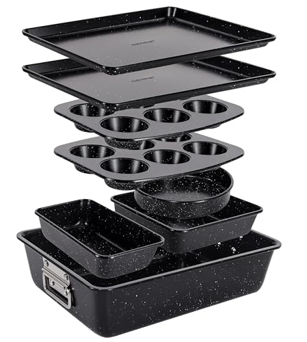 NutriChef 8-teiliges stapelbares Backformen-Set aus Karbonstahl | Antihaft, PFOA- & PFOS-frei | Ofenfest bis 232 °C | Mit Backblech, Muffinform, runder, eckiger & Kasten-Kuchenform | Schwarzer Marmor von NutriChef
