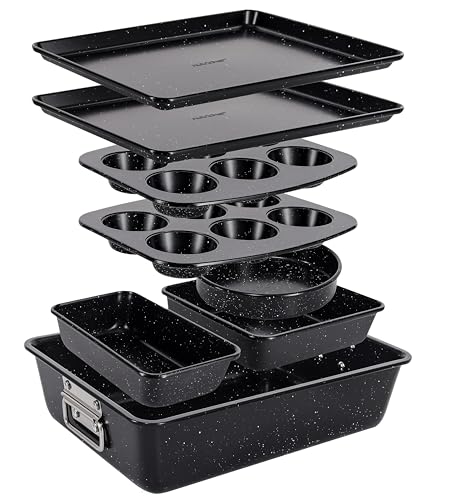 NutriChef 8-teiliges stapelbares Backformen-Set aus Karbonstahl | Antihaft, PFOA- & PFOS-frei | Ofenfest bis 232 °C | Mit Backblech, Muffinform, runder, eckiger & Kasten-Kuchenform | Schwarzer Marmor NutriChef 8-teiliges stapelbares Backformen-Set aus Karbonstahl | Antihaft, PFOA- & PFOS-frei | Ofenfest bis 232 °C | Mit Backblech, Muffinform, runder, eckiger & Kasten-Kuchenform | Schwarzer Marmor von NutriChef