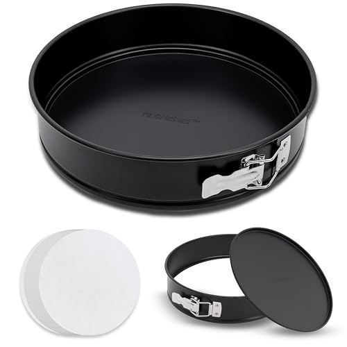 NutriChef Antihaftbeschichtete Springform – robuste Stahl-Käsekuchenform mit Edelstahlverschluss und abnehmbarem Boden, leicht zu reinigen, inklusive 100 Stück Pergamentpapier, 24 x 24 x 6,8 cm, von NutriChef