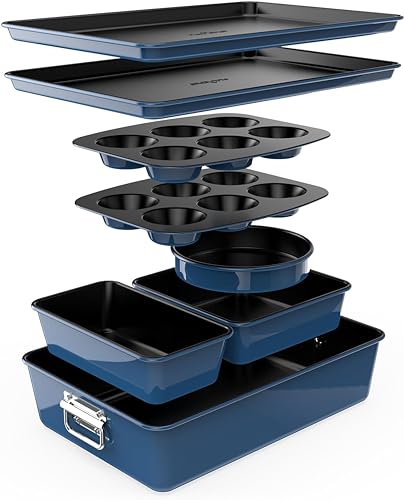 NutriChef Kuchenbackformen - 8-teiliges Stapelbares Antihaft Backform Set - PFOA, PFOS, PTFE Frei, Ofensicher bis 232°C - Rund Kuchenform, Kastenform, Muffinform, Blechbackform, Spülmaschinenfest NutriChef Kuchenbackformen - 8-teiliges Stapelbares Antihaft Backform Set - PFOA, PFOS, PTFE Frei, Ofensicher bis 232°C - Rund Kuchenform, Kastenform, Muffinform, Blechbackform, Spülmaschinenfest von NutriChef