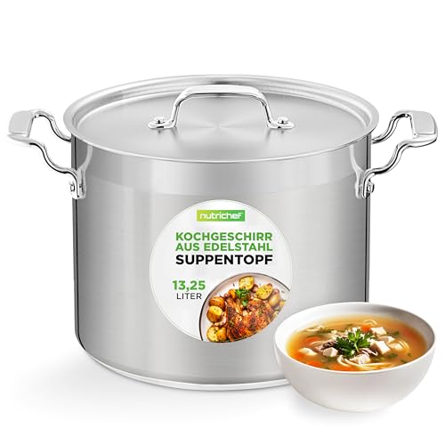NutriChef Kochtopf Induktion Edelstahl 13,2L – Großer Topf mit Deckel Spülmaschinengeeignet | Für Haushalt & Profiküche | Töpfe Induktion geeignet | Perfekt für Eintopf & Meal Prep von Nutrichef