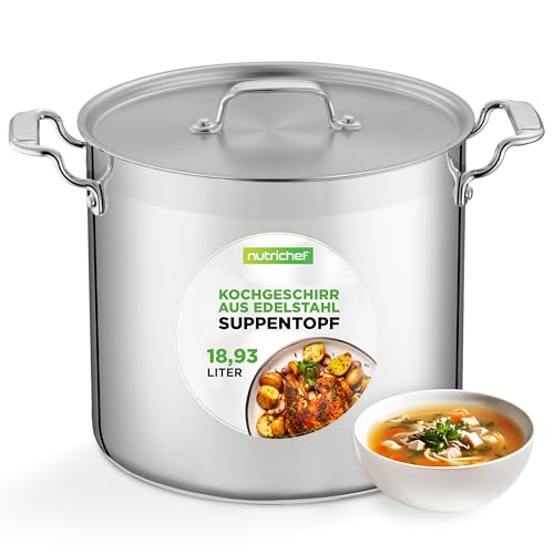 NutriChef Marmite Inox 20 QT (18,9 L) avec Couvercle – Faitout Acier Inoxydable 18/8 – Marmite Grande Capacité à Soupe et Bouillon – Compatible Tous Feux dont Induction von NutriChef