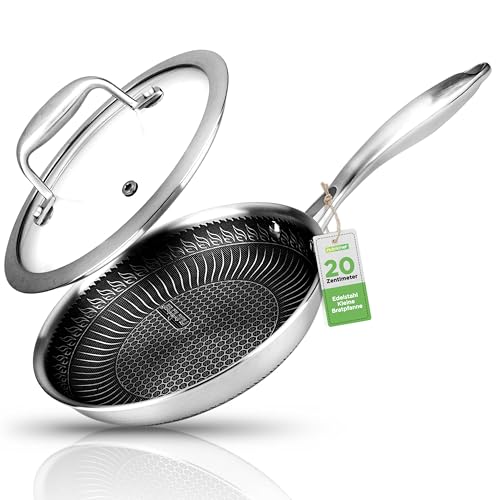 NutriChef Pfanne Induktion, Edelstahlpfanne Unbeschichtet – Stainless Steel Pan – Bratpfanne Induktion 20,3cm Antihaftbeschichtet & Kratzfest, Edelstahl Pfanne mit Deckel aus Glas als Pfannenset von Nutrichef