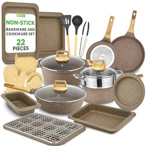 NutriChef Set mit 22 Küchen- und Backutensilien in Schwarzem Marmor Antihaft – Professionelle Sammlung für den Haushalt mit Töpfen, Pfannen in verschiedenen Größen und hitzebeständigen Utensilien von NutriChef