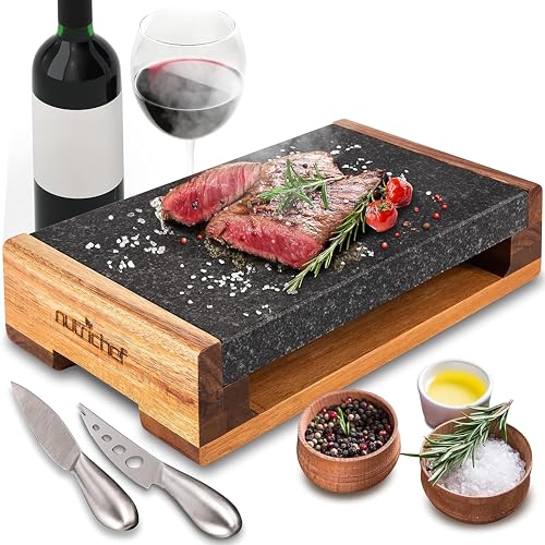 Nutrichef Heißer Stein, Lavastein, Steingrill- für Steak, BBQ & Fleischgrillen, Steak Platte- mit Edelstahlmessern, Steinplatte- Kocht & bewahrt Hizte und Geschmack, Beheiztes Steakbrett zum Servieren von Nutrichef