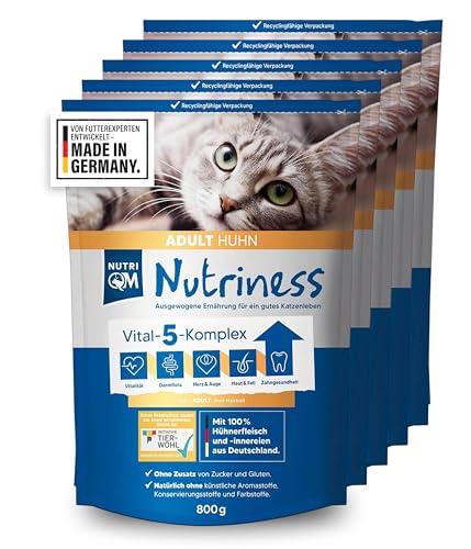 NutriQM® Nutriness Adult Trockenfutter Huhn [5×800 g] – ohne Gluten & Zucker – hohe Akzeptanz & glänzendes Fell – für ausgewachsene Katzen – Initiative Tierwohl Zertifiziert – Made in Germany von NutriQM