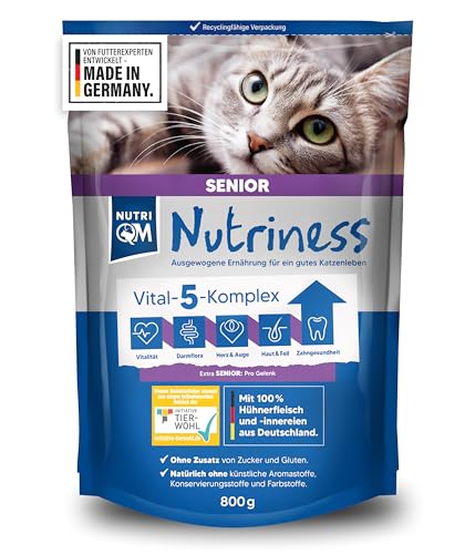 NutriQM® Nutriness Senior Trockenfutter Huhn [5×800 g] – ohne Gluten & Zucker – hohe Akzeptanz & Verträglichkeit – für ältere Katzen ab 8 Jahren – Initiative Tierwohl Zertifiziert – Made in Germany von NutriQM