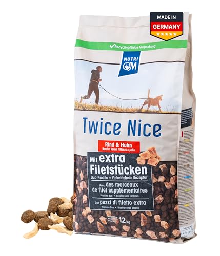 NutriQM Twice Nice Adult Rind & Huhn 12 kg – Getreidefreies Trockenfutter für ausgewachsene Hunde – Mit Filetstücken & Kolostrum – Duo-Protein, leicht verdaulich – Made in Germany von NutriQM