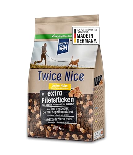 NutriQM® Twice Nice Junior Huhn 2 x 4 kg – Getreidefreies Trockenfutter für Welpen bis 12 Monate – Mit Filetstücken & Kolostrum – Duo-Protein, leicht verdaulich – Made in Germany von NutriQM