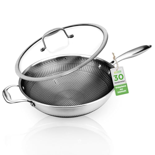 NutriChef Wokpfanne, 30cm-Wok, Wokpfanne Induktion- mit Glasdeckel, Wok Pan- Antihaftbeschichtet- Ideal zum Braten, Schmoren & Dämpfen, für Backofen & Spülmaschine geeignet, Kratzfest & PFOA/PFOS-Frei von NutriChef