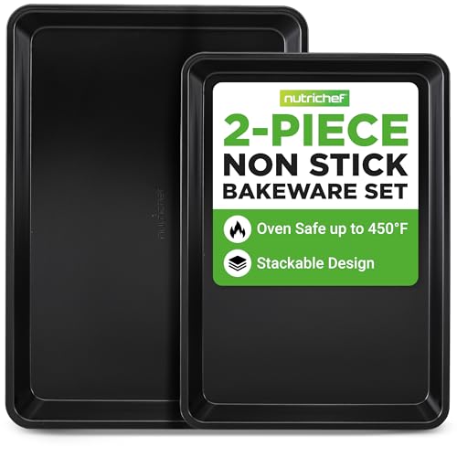 NutriChef 2-teiliges schwarzes Antihaft-Backblech-Set – vielseitige & langlebige Backformen aus Karbonstahl, stapelbar und leicht zu reinigen, NC2TRBL von NutriChef