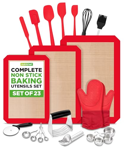 NutriChef 23-teiliges Essentielles Backutensilien-Set – Messbecher und Löffel, Schaber, Ofenhandschuhe, Schneebesen, Silikon-Backmatten und mehr – spülmaschinenfest, perfekt zum Backen und Kochen von Nutrichef