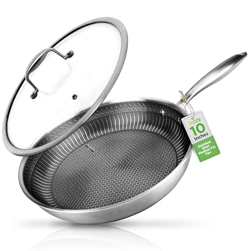 NutriChef 25,4 cm Edelstahl-Bratpfanne – Dreifach-Küchen-Bratpfanne, Küchen-Kochgeschirr mit DAKIN Ätzung, Antihaftbeschichtung, kratzfest, erhöhtes Wabenmuster, Feuerstruktur, NC3PL10 von Nutrichef