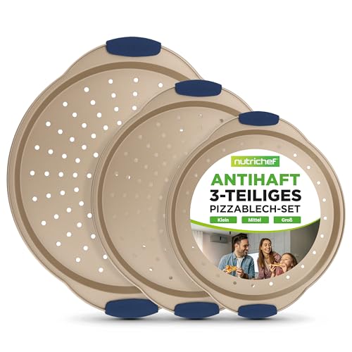 Nutrichef 3-teiliges Pizzablech Set Antihaftbeschichtet, gelochtes Backblech Rund mit Silikongriffen, Pizzableche Spülmaschinengeeignet, für Pizza, Flammkuchen & Co, Backset PFOA-, PFOS- & PTFE-frei von Nutrichef