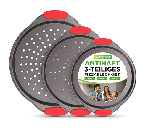 Nutrichef 3-teiliges Pizzablech Set Antihaftbeschichtet, gelochtes Backblech Rund mit Silikongriffen, Pizzableche Spülmaschinengeeignet, Backset PFOA-, PFOS- & PTFE-frei für den Backofen, Grau von Nutrichef