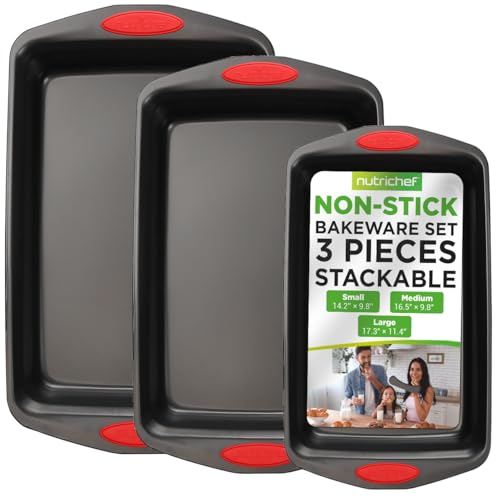 NutriChef 3-teiliges Backform-Set - Premium Antihaft-Bäckutensilien aus Kohlenstoffstahl mit Silikongriffen - Inklusive großer, mittlerer und kleiner Backformen zum Backen und Braten - Frei von PFOA von Nutrichef