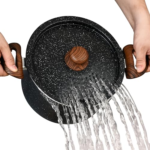 NutriChef 4.7L Nudeltopf mit Siebdeckel – Induktionstöpfe Antihaft Schwarz Marmor Mit Pastaheber und Verriegelbarem Deckel | Hitzebeständige Griffe | Einfach zu Reinigen | Großer Kochtopf von Nutrichef