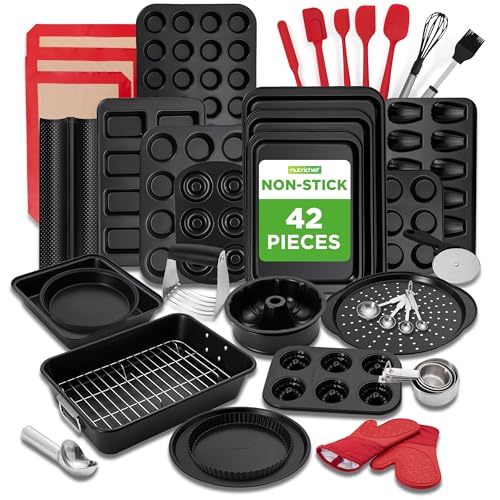 NutriChef 42-teiliges komplettes Antihaft-Backset - Kohlenstoffstahl-Bäckutensilien, tägliche Backwerkzeuge, Backhandschuhe und mehr - Ideal zum Backen von köstlichen Desserts und herzhaften Gerichten von Nutrichef