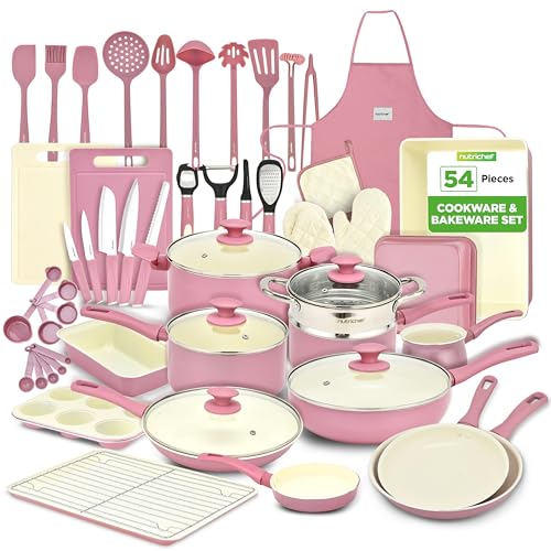 NutriChef 54-teiliges Küchen-Kochgeschirr-Set - Komplettes Antihaft-Keramik-Töpfe und Pfannenset mit Utensilien, Backgeschirr und Messer, Gas, Elektro- und Induktionskompatibel, Blush Pink Kitchen NutriChef 54-teiliges Küchen-Kochgeschirr-Set - Komplettes Antihaft-Keramik-Töpfe und Pfannenset mit Utensilien, Backgeschirr und Messer, Gas, Elektro- und Induktionskompatibel, Blush Pink Kitchen von Nutrichef