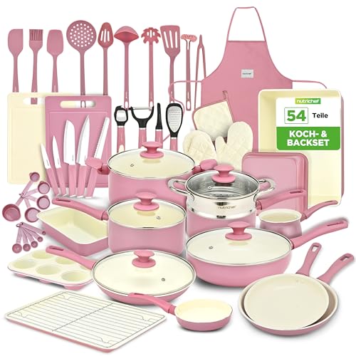 NutriChef 54-teiliges Küchen-Kochgeschirr-Set - Komplettes Antihaft-Keramik-Töpfe und Pfannenset mit Utensilien, Backgeschirr und Messer, Gas, Elektro- und Induktionskompatibel, Blush Pink Kitchen von Nutrichef