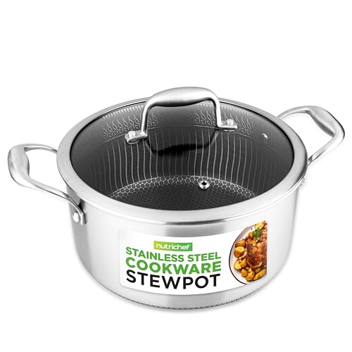 NutriChef 5QT Edelstahl-Eintopfpfanne - Triply Eintopfpfanne mit Glasdeckel - DAKIN Antihaftbeschichtung, erhöhter Wabenmuster-Rissfestigkeit von Nutrichef