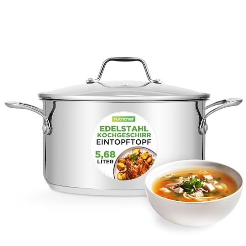 NutriChef Edelstahl Kochtopf Induktion 5.7 Liter – ideal für Suppen, Eintöpfe & Schmorgerichte, 18/8 Edelstahl, hitzebeständig bis 260°C, mit Glasdeckel, spülmaschinenfest, Töpfe für alle Herdarten von NutriChef