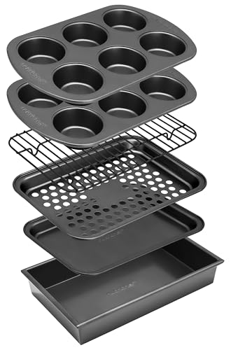NutriChef 6-teiliges Toaster-Ofen-Backformen-Set, antihaftbeschichtet, stapelbar, mit Muffinformen, Bratblech und Backblechen, langlebiges schmutzabweisendes Karbonstahl-Design für Toastöfen (Grau) von Nutrichef