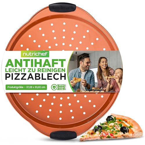 NutriChef Antihaft-Pizzablech, 33 cm, rund, Karbonstahl, Antihaft-Pizza-Backform mit perforierten Löchern, Premium-Backgeschirr mit Silikongriffen, spülmaschinenfest, Kupfer von Nutrichef