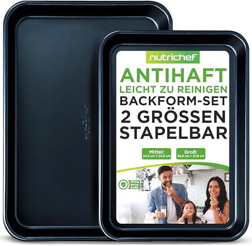 NutriChef Backblech Set Antihaftbeschichtet, Kuchenblech Langlebig und Stabil, Baking Tray für den Backofen Platzsparend, Spülmaschinengeeignet & Ofenfest bis 230°C aus Karbonstahl, 2er Set, Blau von Nutrichef