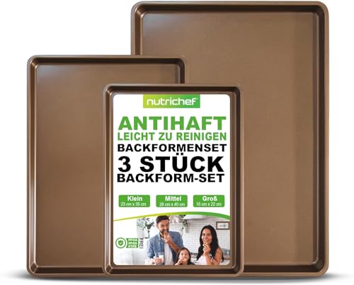 NutriChef Backblech, 3- Teilig- Backbleche, Ofenbleche für Backofen, Backofenblech- 35x23cm,40x28cm & 56x40cm, Ofenblech, Baking Trays- Stappelbar, Karbonstahl, Antihaftbeschichtet & Spülmaschinenfest von NutriChef