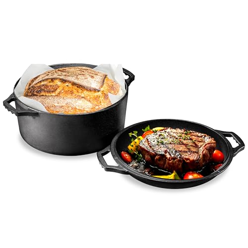 NutriChef Gusseisen Bräter mit Deckel Induktion –Dutch Oven Set, Lodge Cast Iron Pot – Schmortopf mit Deckel 2in1: Gusseisen Topf zum Brot Backen & Gusseiserne Pfanne, Töpfe & Pfannen Backofengeeignet von NutriChef