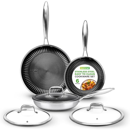 NutriChef Edelstahl Pfannenset 6-teilig – Antihaft Bratpfannen 20cm, 25cm, 30cm mit Deckeln Induktionsgeeignet | Kratzfest & ofenfest | Spülmaschinengeeignet Kochgeschirr Set von Nutrichef