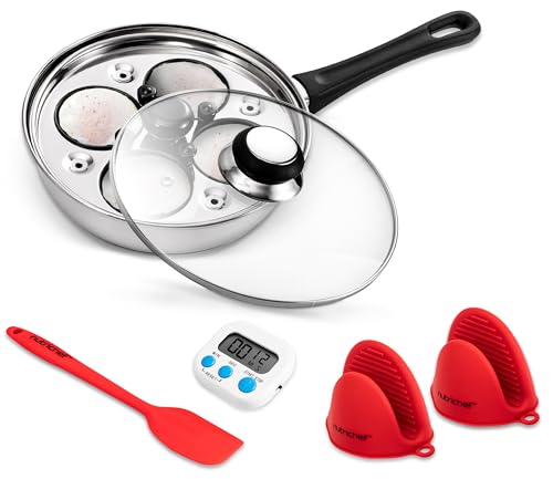 NutriChef Eierpochier-Pfannen-Set, 20 cm, Edelstahl, pochierter Eierkocher mit 4 antihaftbeschichteten Pochierbechern, Glasdeckel, Timer, Ofenhandschuh und Spatel für perfekte pochierte Eier von Nutrichef