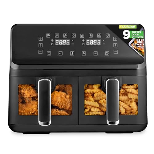 NutriChef Heißluftfritteuse, Airfryer XL 8L, Fritteuse mit 2 Körbe, Aerogrill mit 9 Programme, Rapid Air Fryer Spülmaschinenfest & Antihaftbeschichtet bis 360°C, Fryer ohne Öl, Grillen,Backen,Braten von Nutrichef