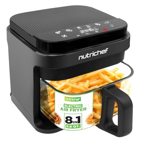 NutriChef Heißluftfritteuse 5,8 Quart | 8 vorprogrammierte Kochmodi | Transparentes Frittierglas für bessere Kochergebnisse | Kocht Garnelen, Steak, Pommes Frites, Flügel, Hähnchen und mehr | Präzise von Nutrichef
