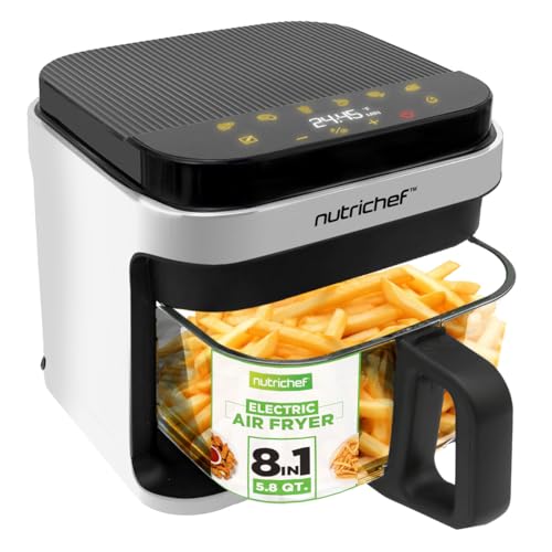 NutriChef Heißluftfritteuse 5,8 Quart | 8 vorprogrammierte Kochmodi | Transparentes Frittierglas für bessere Kochergebnisse | Kocht Garnelen, Steak, Pommes Frites, Flügel, Hähnchen und mehr | Präzise von Nutrichef