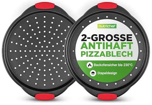 NutriChef Pizzablech Rund 32cm, Antihaftbeschichtete Pizza Set 2-Teilig, Pizzateller Lochblech Backofen für knusprige Böden, PFOA-, PFOS- & PTFE-frei Spülmaschinengeeignet mit Silikongriffen, Schwarz von Nutrichef