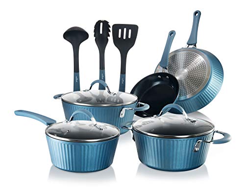 NutriChef NCCW11BL Antihaft-Kochgeschirr Excilon Home Kitchen Ware Topf- und Pfannenset mit Stielkasserolle, Bratpfannen, Kochtöpfen, Deckeln, Utensilien, PTFE/PFOA/PFOS frei, Keramik, blau von Nutrichef