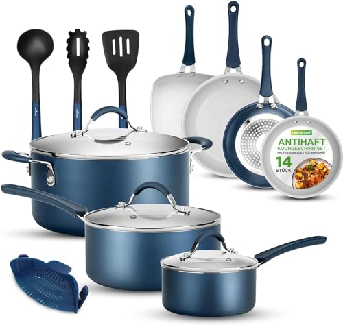 NutriChef Pfannenset & Topfset Induktion 14-teilig, PFOA/PFOS-frei, Antihaftbeschichtet, Kochtopf Set, Töpfe & Pfannensets, Aluminium mit Edelstahl -Kanten – Kochgeschirr Set für alle Herdarten von NutriChef