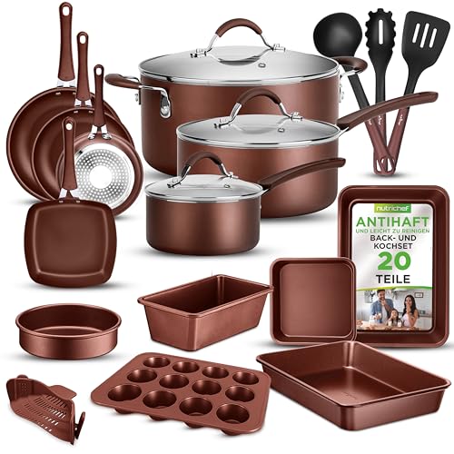 NutriChef Kochgeschirr Set 20 Teilig – Topfset, Pfannenset & Backformen Set Antihaft – PFOA/PFOS-freie Kochtöpfe – Induktions Töpfe & Pfannen mit durchsichtigen Deckeln – Für Gesundes Kochen & Backen von NutriChef