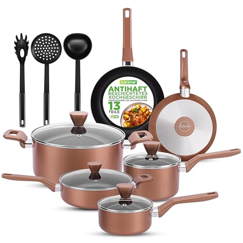 NutriChef Kochtopf Set 13-teilig – Antihaft Topfset & Pfannenset mit Deckeln – für Gas-, Elektro- & Keramikkochfelder, PFOA-frei – Aluminium Pfannen Set & Kochtopf Set mit ergonomischen Griffen von NutriChef