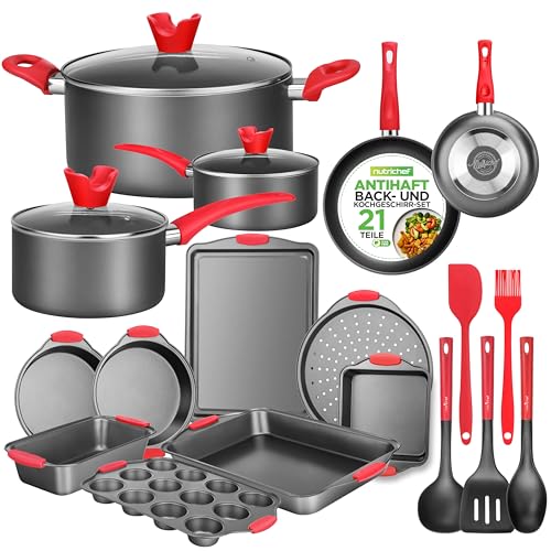 NutriChef 21-Teiliges Backform Set & Kochtopf Set – inkl.: Topfset aus 3 Töpfe, Pfannenset aus 2 Pfannen & Backformen Set mit Kuchenform, Springform & Muffinblech &Co. Antihaftbeschichtet bis 230°C von NutriChef